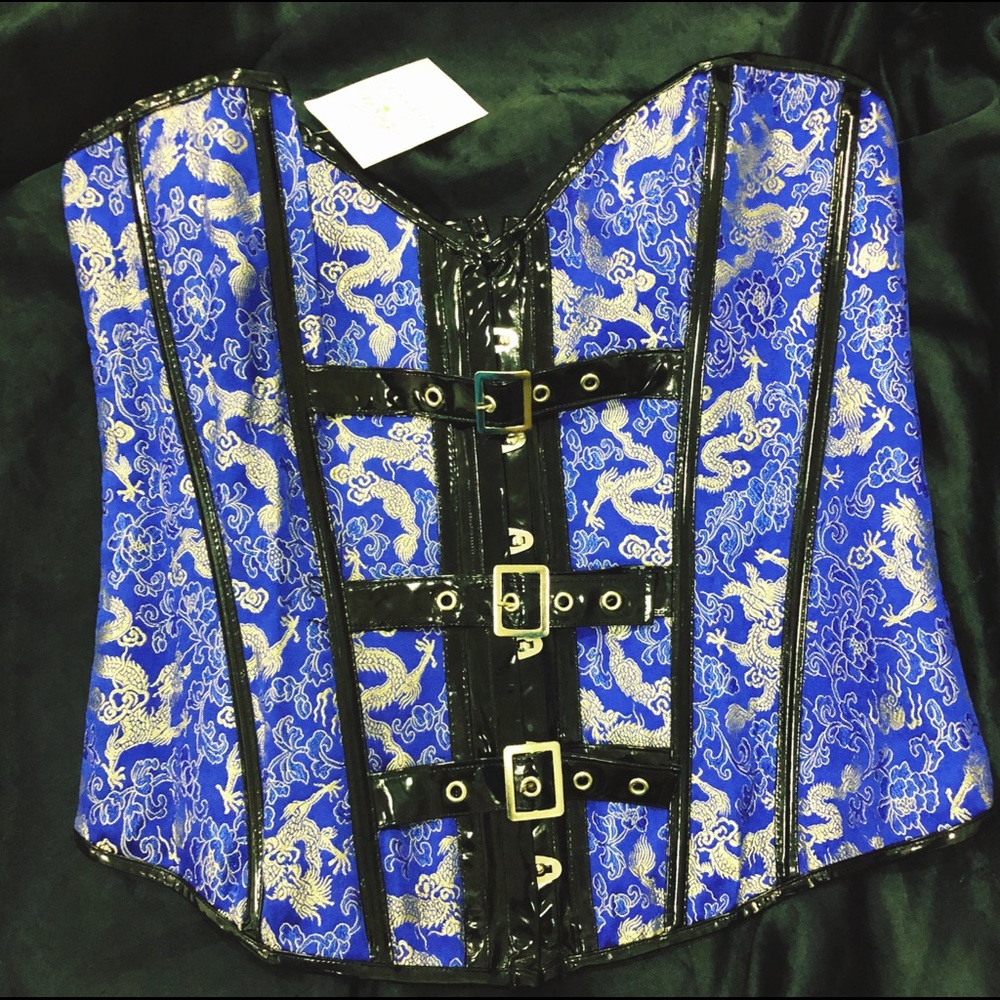 Rare Striking Blue & Gold Brocade Corset w/ Vinyl